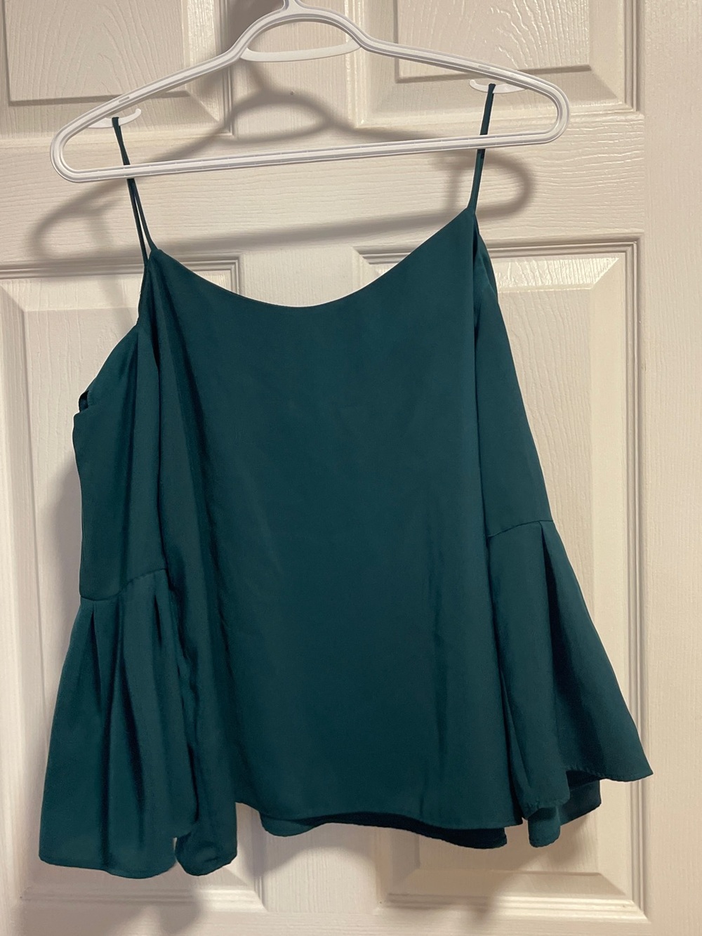 Womens Deep Teal Ruffle Sleeve show shoulder Top